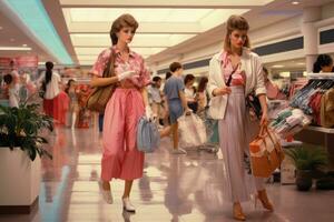ai generado compras en el centro comercial. hermosa mujer compras en el centro comercial, un 1980 centro comercial escena con apropiado para el periodo trajes, ai generado foto
