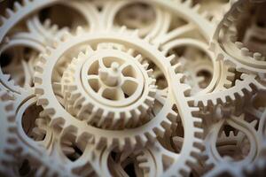 AI generated Close up of white gears and cogwheels. Abstract background, 3D printing technology depicted as abstract rotating gears, AI Generated photo