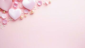 AI generated pink pastel valentines day background with copy space and wedding golden rings photo