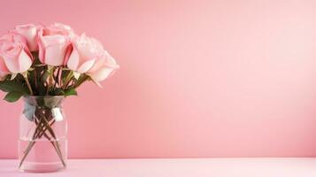 AI generated pink pastel valentines day background with copy space and gerbera flowers in glass vase photo