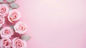 AI generated pink pastel valentines day background with copy space and wedding golden rings photo