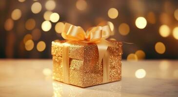 AI generated golden present box on a table photo