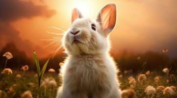 AI generated little rabbit in a grassy field looking up at the sun photo