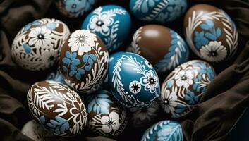 AI generated many colored easter eggs are laid out on burck photo