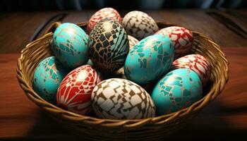 AI generated many colored eggs in a wooden basket on a wooden ground photo