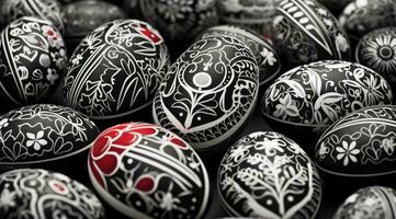 AI generated the images look like many painted eggs and have a black and white design photo