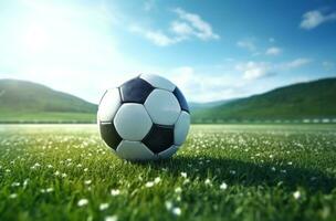 AI generated soccer ball in the open field at the stadium photo