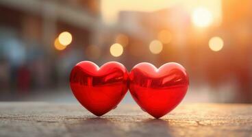 AI generated two bright red hearts, the sun lights up them photo