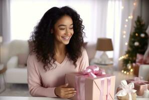 AI generated woman smiling at gifts girl's present photo