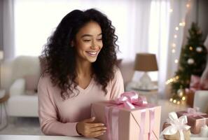 ai generado mujer sonriente a regalos muchachas presente foto