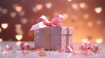 AI generated valentines day a gift box with hearts on a pink background photo