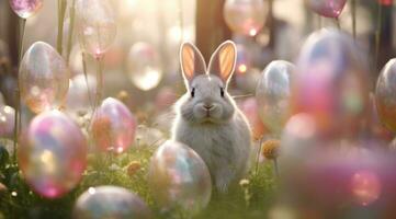 ai generado blanco Conejo en frente de grande cesta de huevos foto
