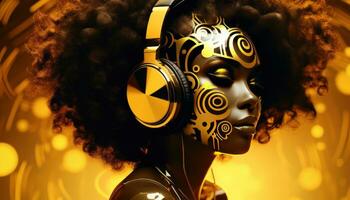 ai generado el afro niña en oro vestir con auriculares foto