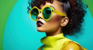 AI generated woman wearing sunglasses with a green background photo