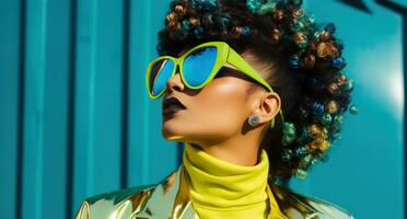 ai generado mujer vistiendo Gafas de sol con un verde antecedentes foto