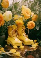 ai generado amarillo botas con flores foto