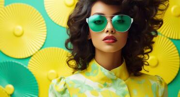 AI generated young woman in yellow sunglasses standing up photo