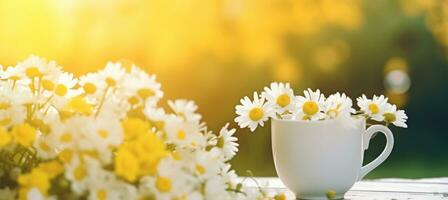 ai generado amarillo taza con blanco flores en mesa en jardín foto