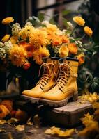 ai generado amarillo botas con flores foto