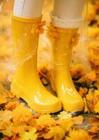 AI generated yellow rain boots holding yellow flower photo