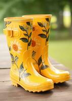 AI generated yellow rain boots with flowers and leaves photo