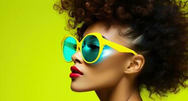 AI generated woman wearing sunglasses with a green background photo