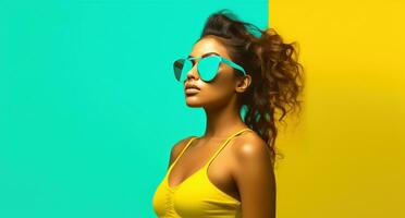 AI generated young woman in yellow sunglasses standing up photo