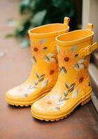 ai generado amarillo lluvia botas con flores y hojas foto