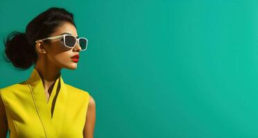 AI generated young woman in yellow sunglasses standing up photo