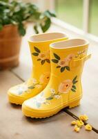 ai generado amarillo lluvia botas con flores y hojas foto