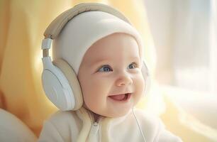 AI generated a baby in headphones wearing earplugs is looking surprised photo