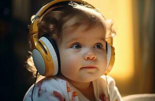 AI generated a baby in headphones wearing earplugs is looking surprised photo