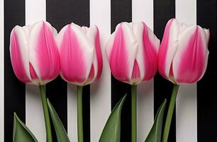 ai generado un blanco antecedentes con cuatro rosado tulipanes es metido en contra negro y blanco a rayas antecedentes foto