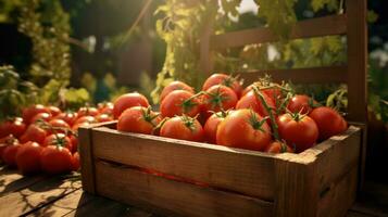 ai generado Tomates son maduro en un caja en un pequeño jardín foto