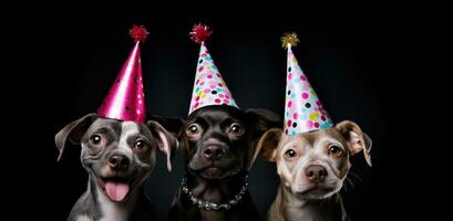 AI generated Three dogs in party hats standing over a black background photo