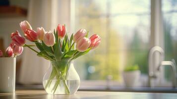 AI generated tulips in a vase in front of a kitchen window photo
