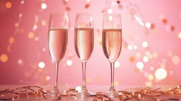 AI generated two glasses for bottle of champagne, with confetti on a pink background photo