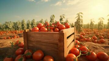 ai generado Tomates son maduro en un caja en un pequeño jardín foto