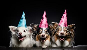 AI generated Three dogs in party hats standing over a black background photo