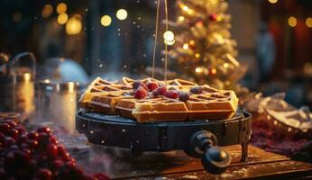 AI generated waffles with a fountain at the outdoor christmas market photo