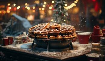 AI generated waffles with a fountain at the outdoor christmas market photo