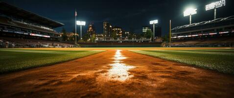 ai generado un béisbol campo es iluminado arriba con luces foto