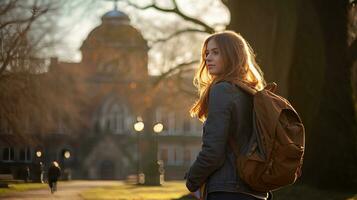 AI generated a beautiful young woman walking in a park wearing a backpack photo