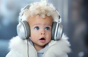 AI generated a baby in headphones wearing earplugs is looking surprised photo