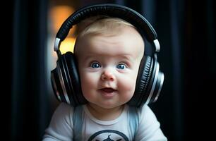 ai generado un bebé en auriculares vistiendo Tapones para los oídos es mirando sorprendido foto