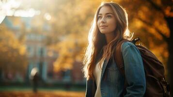 AI generated a beautiful young woman walking in a park wearing a backpack photo