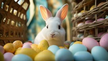 AI generated white rabbit in front of large basket of eggs photo