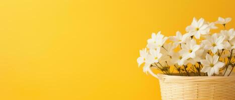 AI generated white flower container in a basket over a yellow background photo