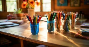 AI generated a desk has various pencils, pens and a notebook photo