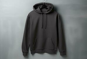 AI generated a black hooded sweatshirt hangs on a gray wall photo